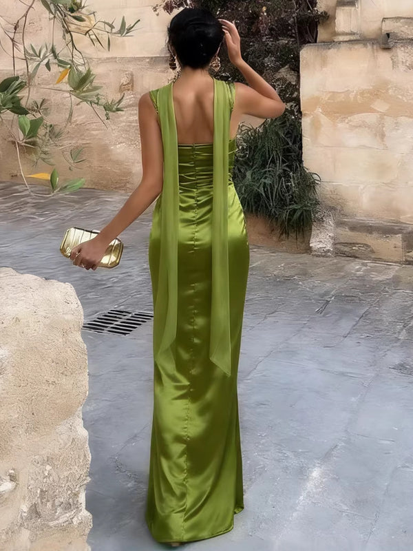 Square Neck Low Back Ruched Evening Dress for Spring Events