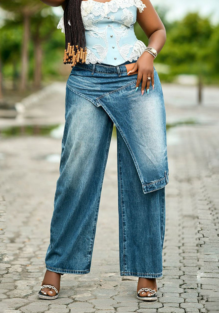 Patchwork Waistband Denim Pants for Casual Streetwear