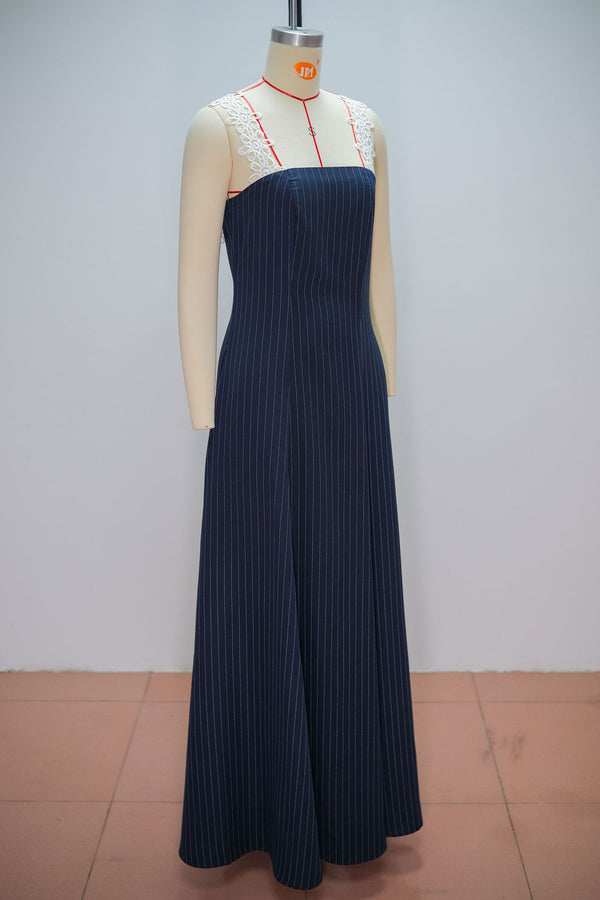 Lace Strap Striped Pocket A-Line Dress for Summer Casual