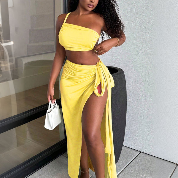 One-Shoulder Strapless Top & Split Skirt Set for Club Wear