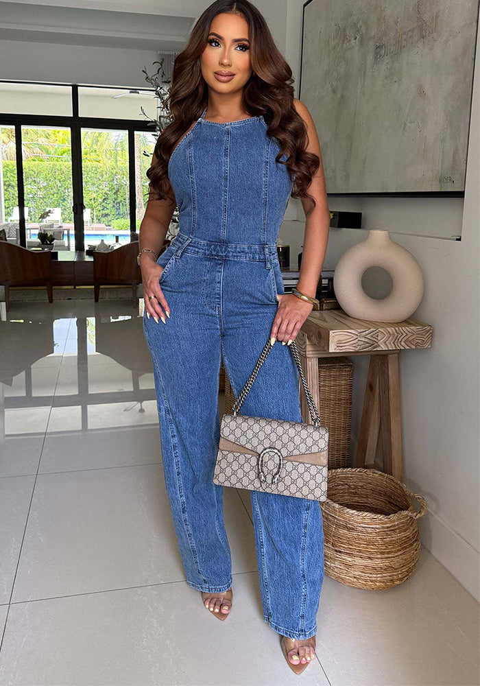 Halter Backless Slim-Fit Wide-Leg Denim Jumpsuit