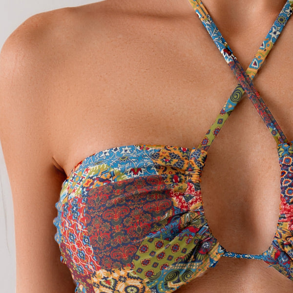 Women Printed Backless Halter Neck Tie-Up Swimwear Two Pieces