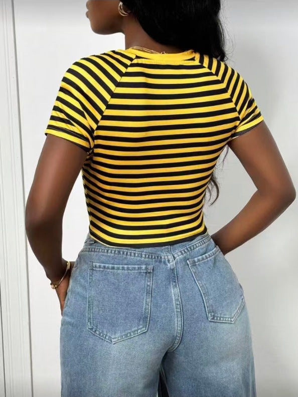 Striped Letter Print Short Sleeve T-Shirt for Summer Streetwear