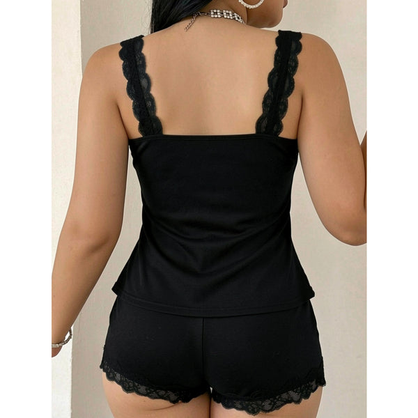 Plus Size Black Lace Trim Spaghetti Strap Top & Shorts Set for Casual Wear