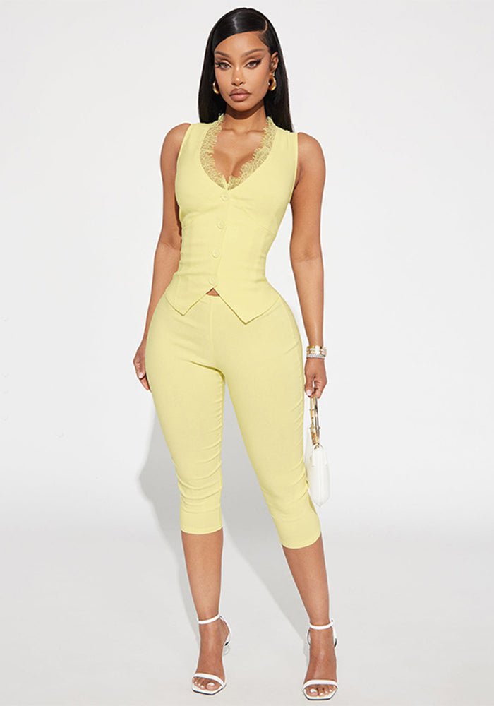 U-Neck Lace Button Front Slit Sleeveless Jumpsuit