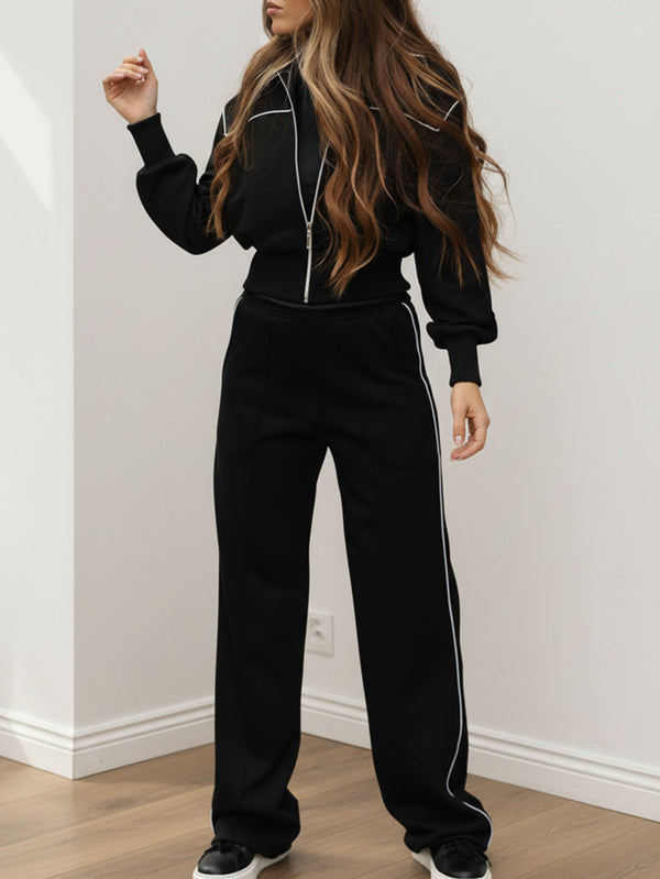 Color-Block Stand Collar Zip Wide-Leg Pants Set for Casual Wear