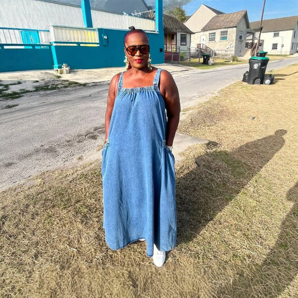 Plus Size Denim Adjustable Strap Loose Maxi Dress