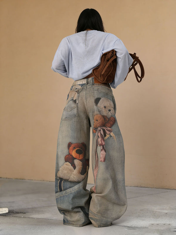 Bear Bow 3D Print Denim Jeans for Casual Streetwear