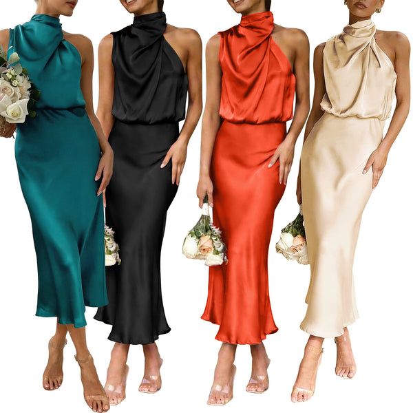 Solid Satin Sleeveless Evening Dress for Summer Formal Events