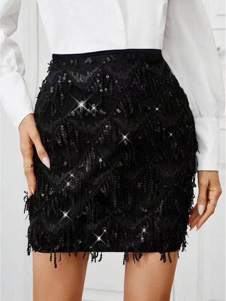 Women Sequined Tassel Black Skirt