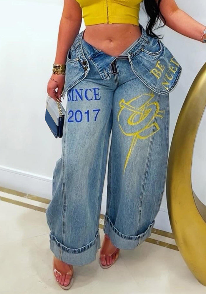 High-Waist Graffiti Washed Wide-Leg Denim Pants for Streetwear