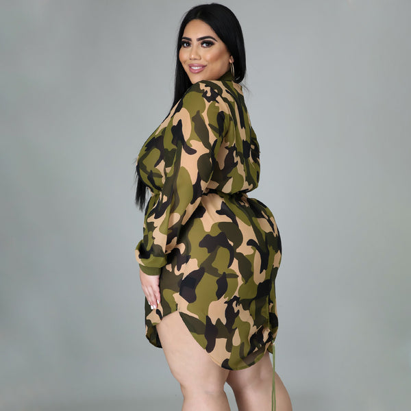 Plus Size Camouflage Print Lace-Up Slim Fit Dress for Casual Wear