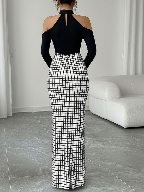 Plaid Print Off-Shoulder Long Sleeve Maxi Dress for Summer
