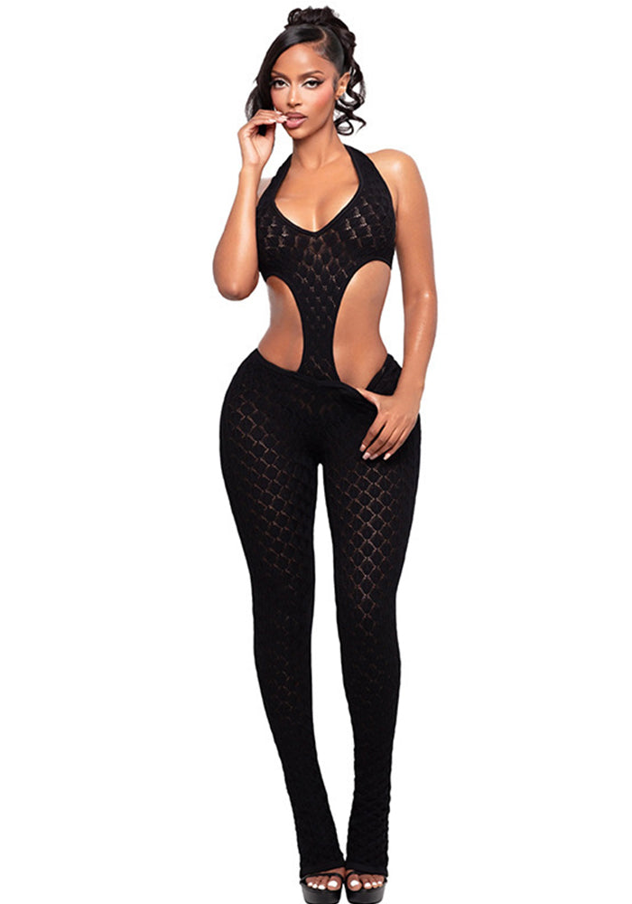 See-Through Knitted V-Neck Jumpsuit for Party Wear