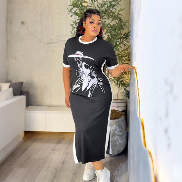 Printed Round Neck Short Sleeve Maxi Dress for Summer Casual