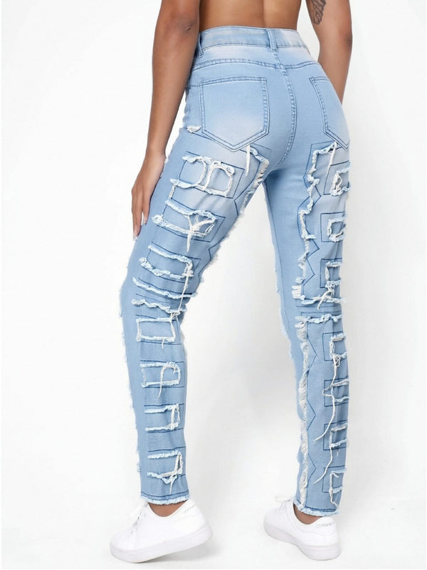 Light Blue Patch Stretchy Denim Long Pants for Casual Wear