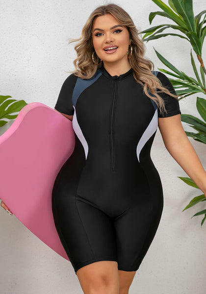 Plus Size Women's Short Sleeve Zip-Up Square Leg Surfing Swimsuit