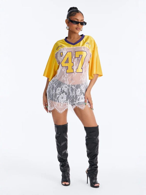 See-Through Patchwork Jersey Short Sleeve T-Shirt for Casual Wear