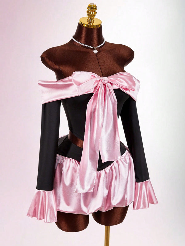 Color Block Bow Bell Sleeve Top & Skirt Two-Piece Set