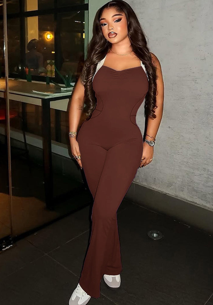 Women Patchwork Solid Backless Casual Bell Bottom Jumpsuit