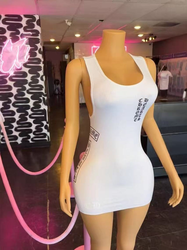 Letter Print High Stretch Sleeveless Bodycon Dress for Clubwear