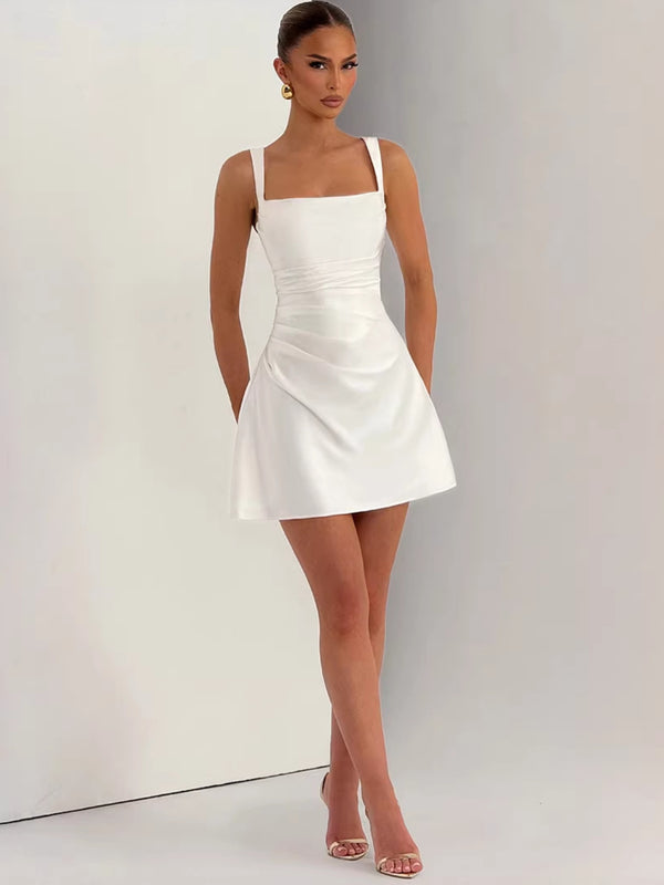 Low Back Square Neck Ruched Short Dress for Spring Evenings