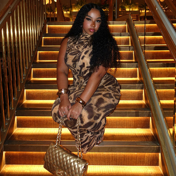 Leopard Print High Neck Sleeveless Bodycon Dress for Career Wear
