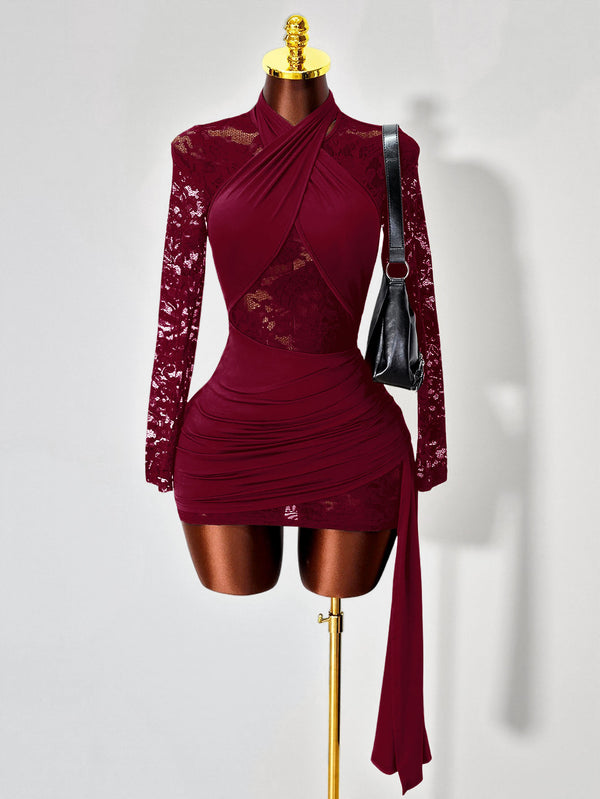 Solid High-Neck Lace Patchwork Long-Sleeve Bodycon Dress for Autumn/Winter
