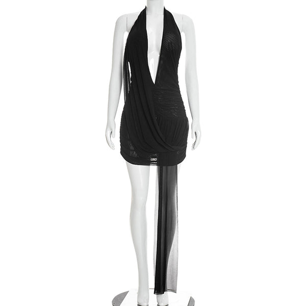 Halter Mesh Pleated V-Neck Backless Dress for Spring/Summer Events