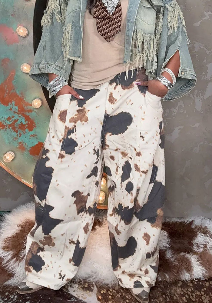Cow Print Straight Jeans for Western Style Streetwear