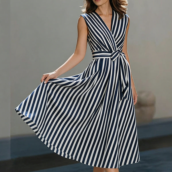 Black & White Striped Sleeveless V-Neck Belted Dress for Casual Wear