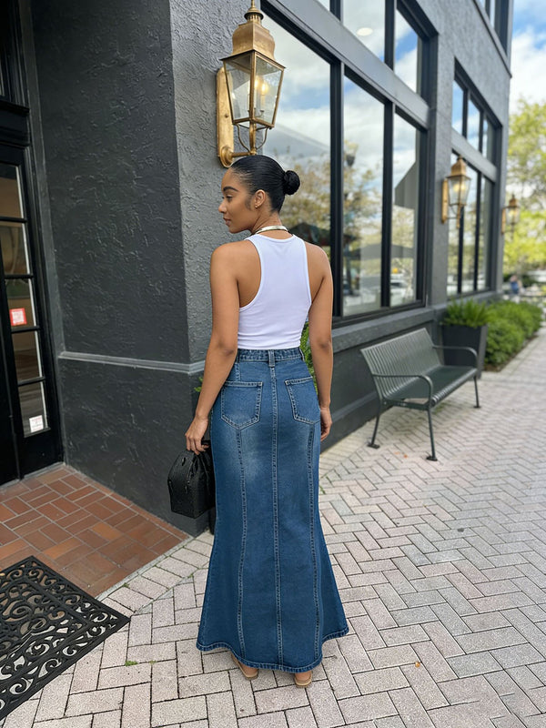 Raw Edge Pocket Fishtail Denim Skirt for Casual Streetwear