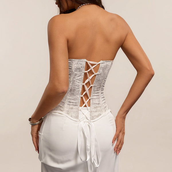 Silver Gray Boned Strapless Lace-Up Waist Cincher Crop Top for Parties