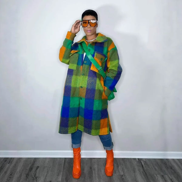 Plaid Pocket Coat for Winter Outerwear