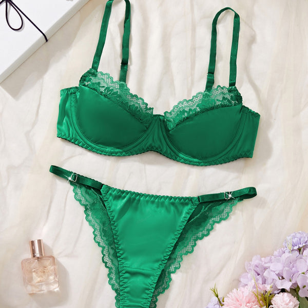 Lace Satin Patchwork Underwire Bra & Briefs Lingerie Set for Intimate Wear