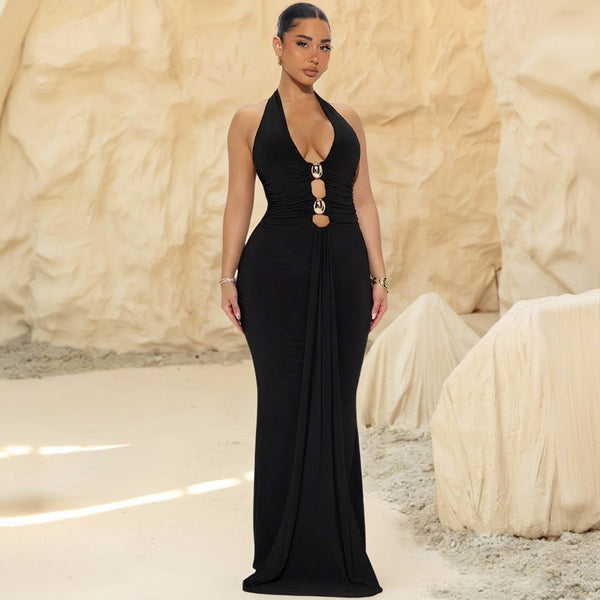 Women's Halter Neck Low Back Metal Decor Slim Waist Bodycon Slit Maxi Formal Dress