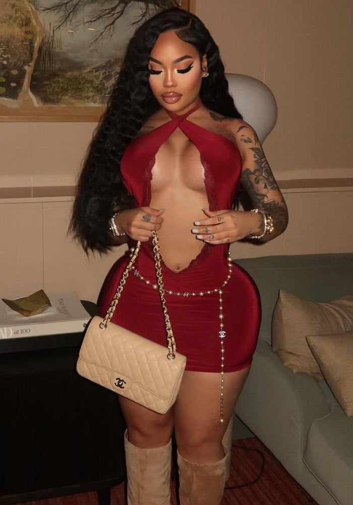 Women Sexy Lace Halter Neck Bodycon Dress