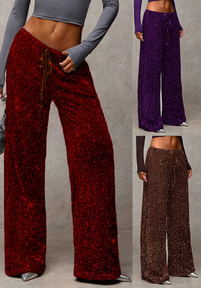 Sequin Drawstring Waist Loose Pants for Evening Parties