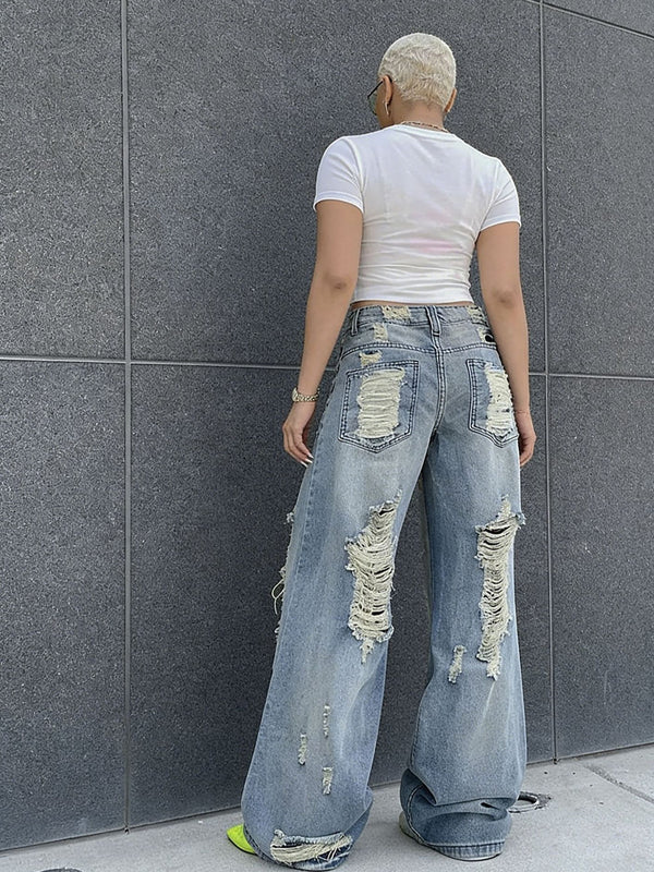Ripped Washed Straight Denim Jeans for Casual Streetwear