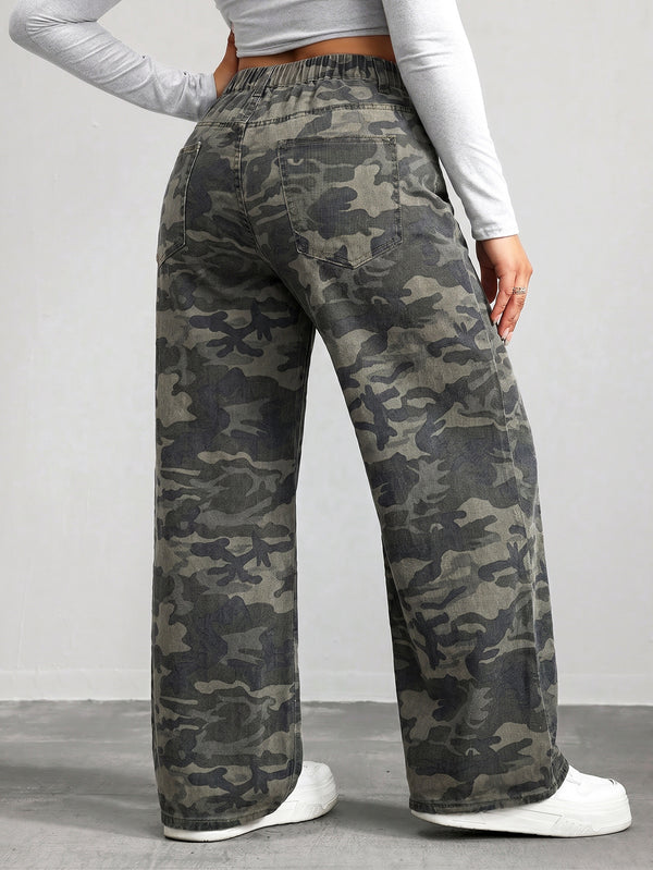 Plus Size Camouflage Ripped Loose Wide Leg Denim Jeans