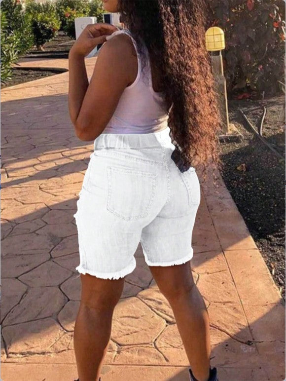 Ripped Denim Elastic Waist Shorts for Casual Summer Wear