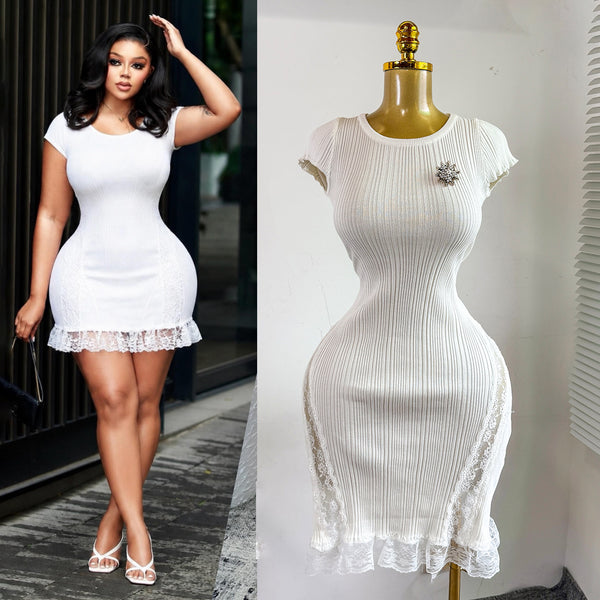 Lace Patchwork Round-Neck Knitted Mini Dress for Formal Events