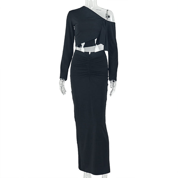 Slash Shoulder Long Sleeve Ruched Bodycon Skirt Two-Piece Set