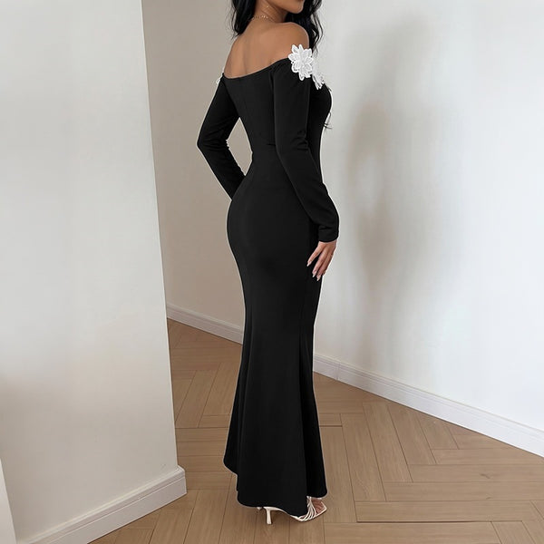Floral Off-Shoulder Long Sleeve Slim-Waist Mermaid Dress for Fall & Winter Parties