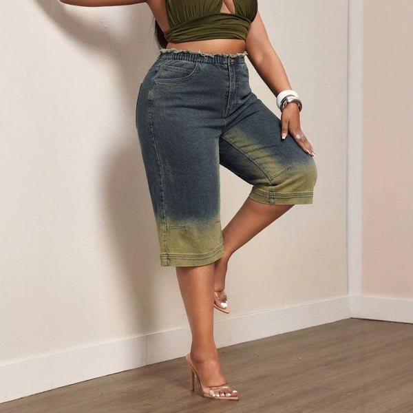 Stretch Color-Block Denim Wide-Leg Shorts for Summer Casual