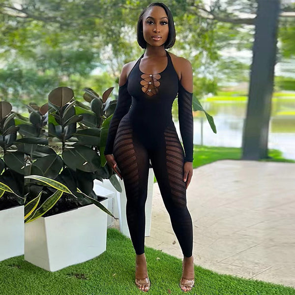 Halter See-Through Long Sleeve Jumpsuit for Summer Nights