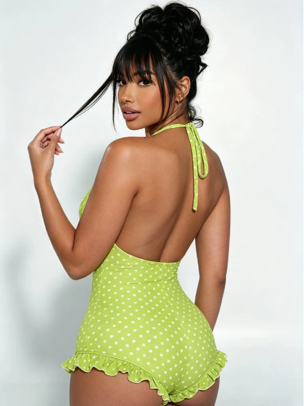 Polka Dot Halter Lace-Up Ruffle Romper for Summer Casual Wear