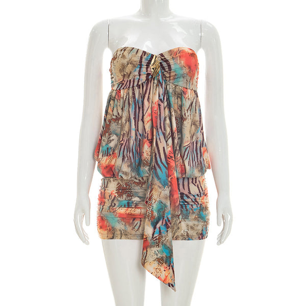 Printed Strapless Sleeveless Ruched Bodycon Dress for Summer Parties