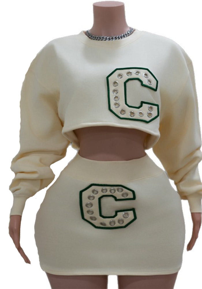 Letter Embroidered Long-Sleeve Top & Skirt Set for Autumn