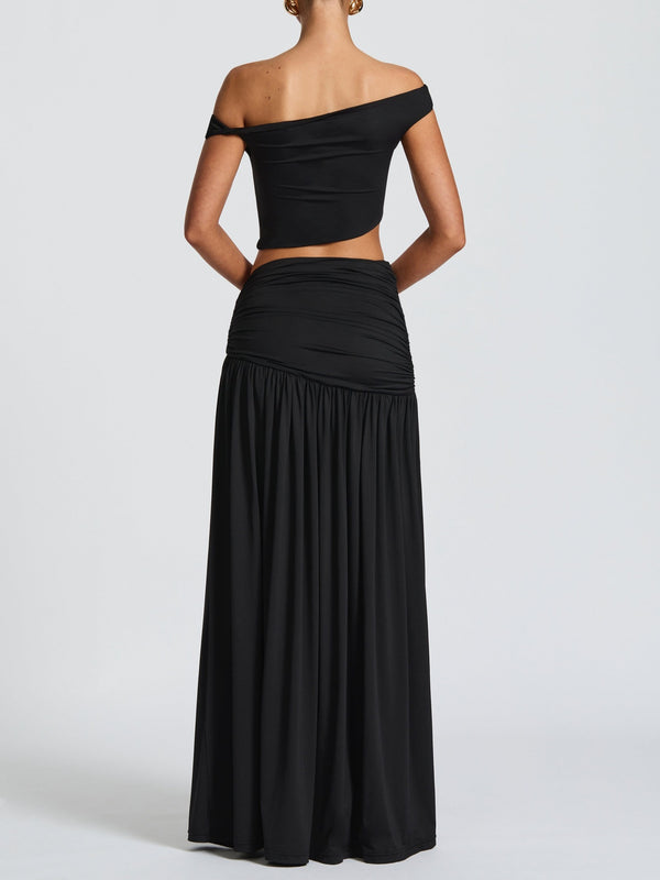 Slash Shoulder Crop Top & Slit Skirt Set for Summer Beach Parties